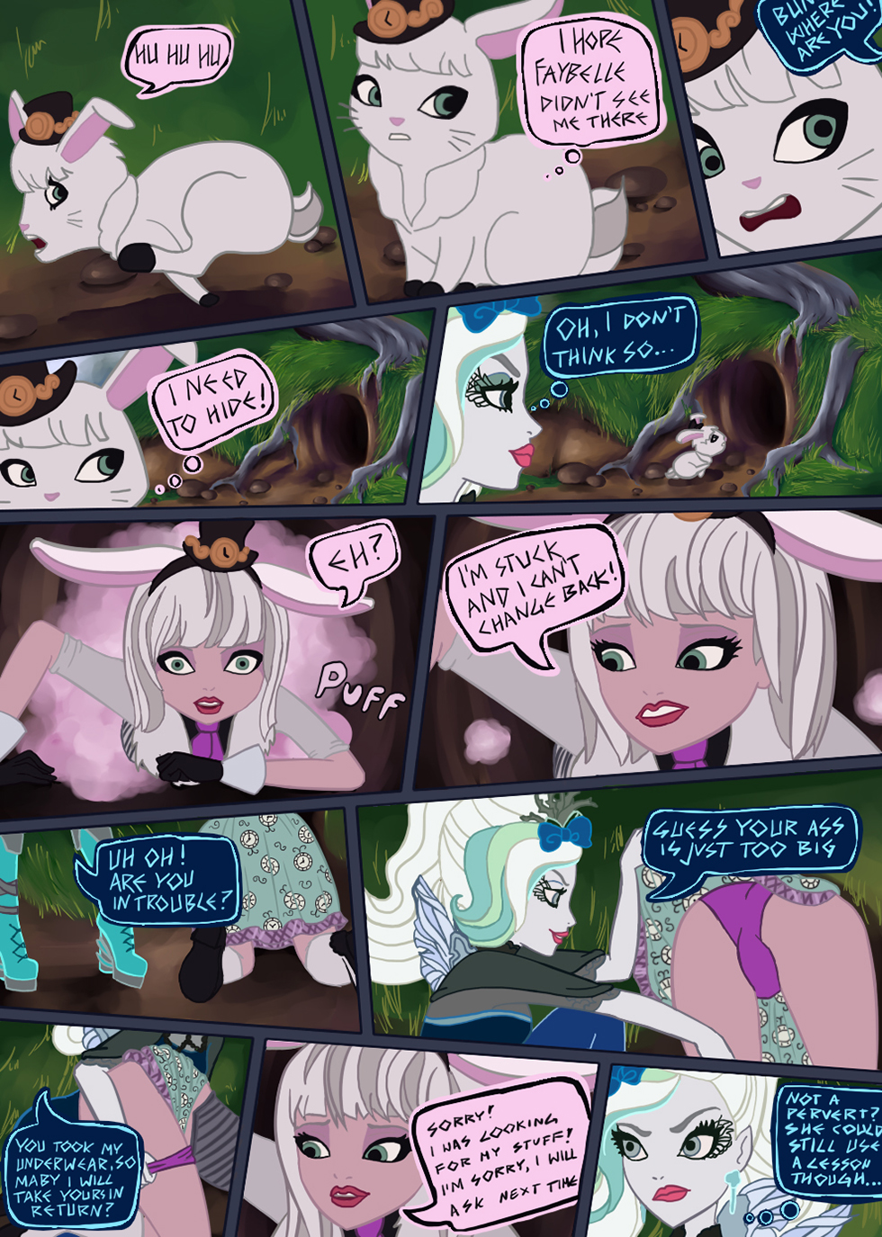 bunny_blanc comic ever_after_high faybelle_thorn irillthedreamer pantyshot stuck transformation