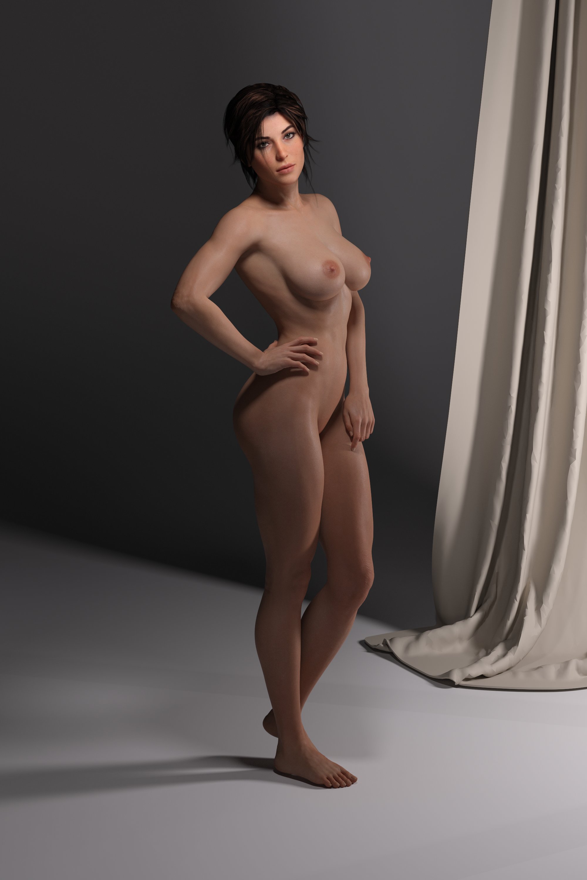 1girls, 2:3, 3d, barefoot, big breasts, breasts, brown eyes, brown hair, completely nude, female, female only, hand on hip, indoors, lara croft, large breasts, ledeuss556, legs, medium breasts, naked, naked female, nipples, nude, nude female, pussy, shaved pussy, solo, standing, tomb raider