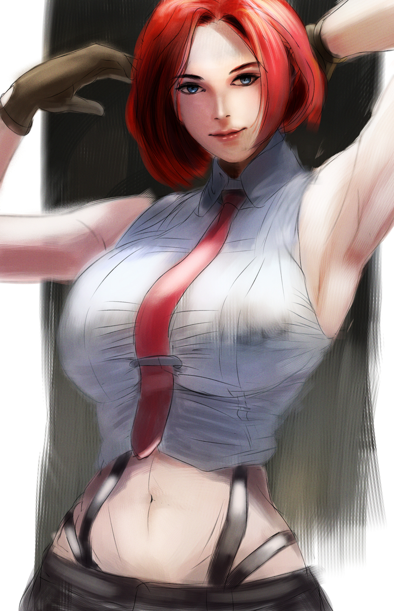 1girls armpits arms_behind_back arms_up artist_request big_breasts blue_eyes breasts female gloves hands_behind_head king_of_fighters large_breasts light-skinned_female light_skin looking_at_viewer pants shirt skinny_waist snk source_request suspenders tie toned_female vanessa_(kof) white_shirt