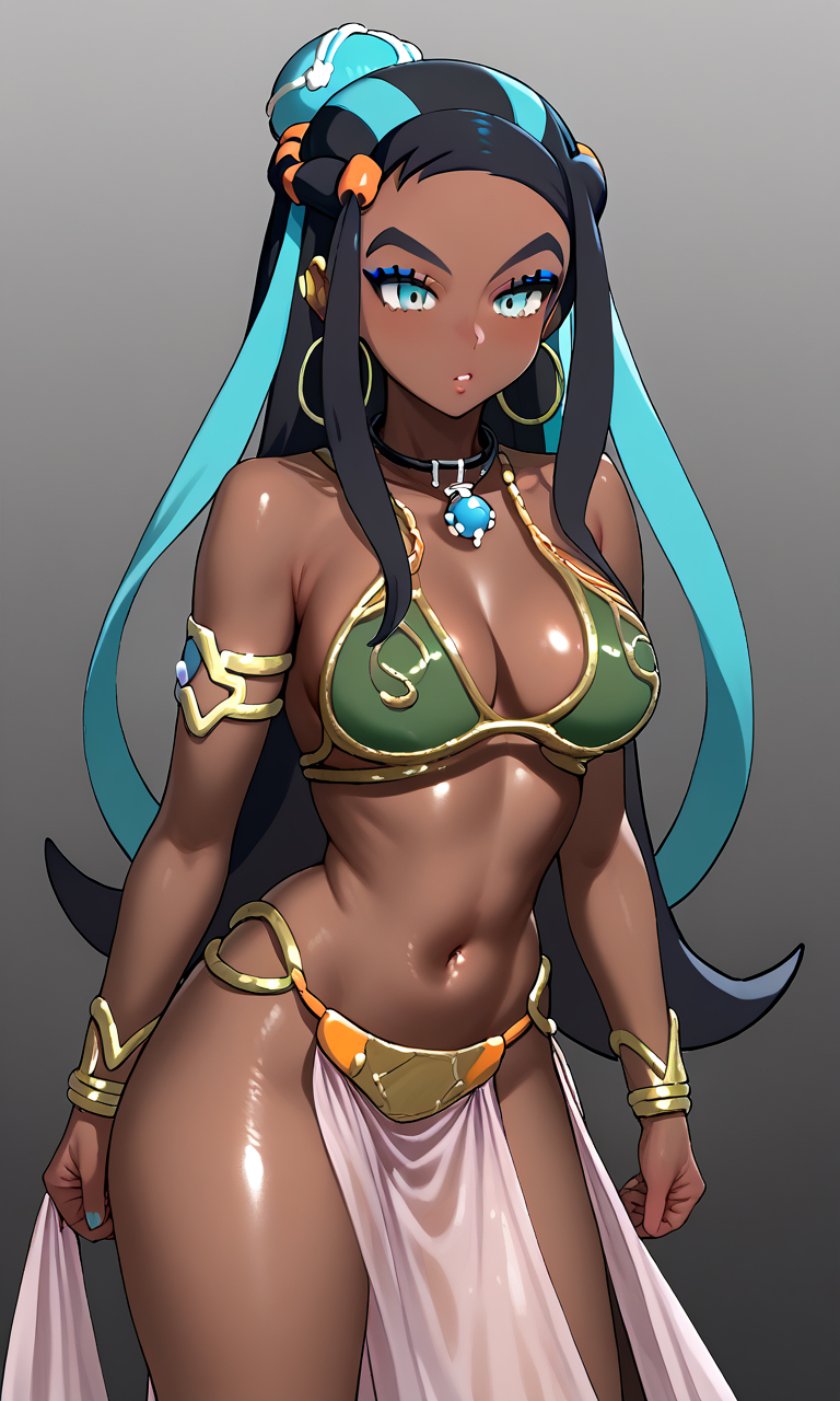 ai_generated aqua_eyes black_body black_hair grey_background nessa_(pokemon) pokemon slave_leia_(cosplay) slavegirl star_wars tagme zlendyvr34