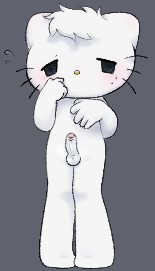 anthro balls dear_daniel domestic_cat erection felid feline felis foreskin fur genitals hello_kitty hello_kitty_(series) lidded_eyes male mammal mouthless nervous_sweat penis sanrio solo touboutenshi white_body white_fur worried_look