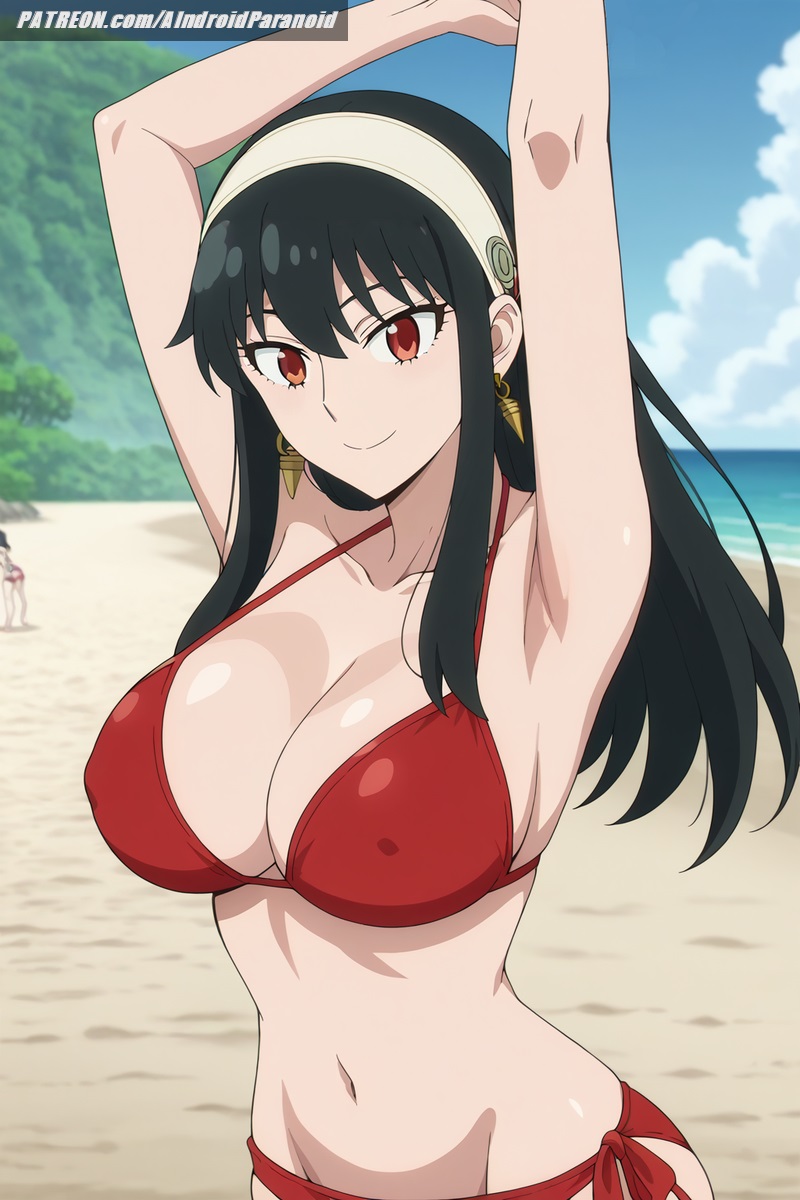 1girls ai_generated aindroidparanoid beach big_breasts bikini black_hair breasts busty cleavage covered_nipples curvy female female_only huge_ass huge_breasts huge_butt human large_ass large_breasts long_hair nipples ocean outdoors red_eyes solo spy_x_family stable_diffusion straight_hair swimsuit voluptuous yor_briar yor_forger