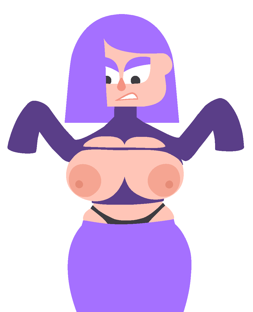 angry annoyed big_breasts breasts breasts_out duolingo lily_(duolingo) purple_hair ripped_clothing sleeves_past_wrists squish supernaturals sweater thong wardrobe_malfunction