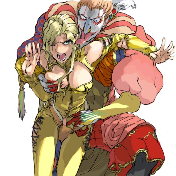 1boy 1girls aqua_eyes artist_request blonde_hair blue_eyes breast_grab breasts brown_hair cameltoe celes_chere cleavage clown defeated facepaint feather female final_fantasy final_fantasy_vi hair hair_ornament human kefka_palazzo makeup male open_mouth rape sitting straight