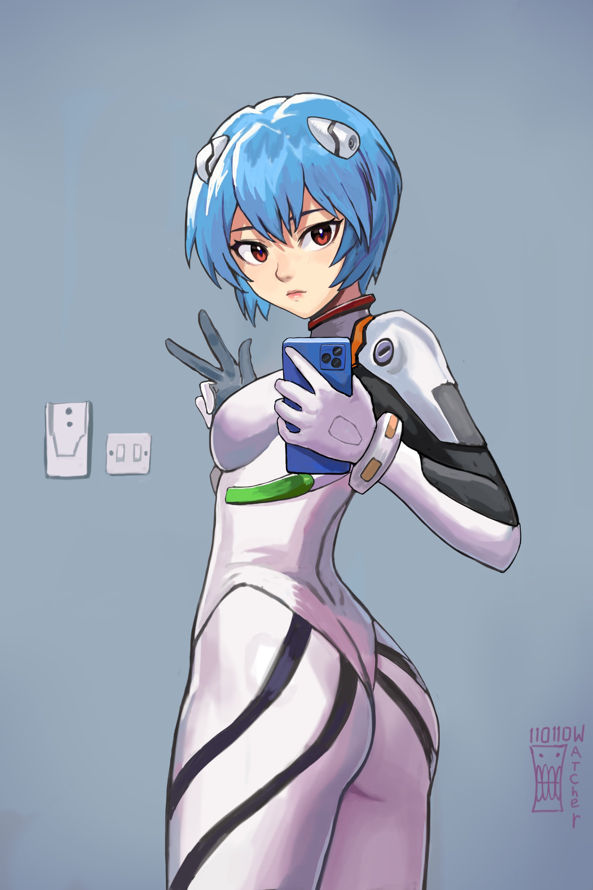 1girls, ass, boobs and butt pose, breasts, female, female only, fully clothed, hollow watcher, neon genesis evangelion, plugsuit, rei ayanami, sideboob, solo, solo female, watcher hollow