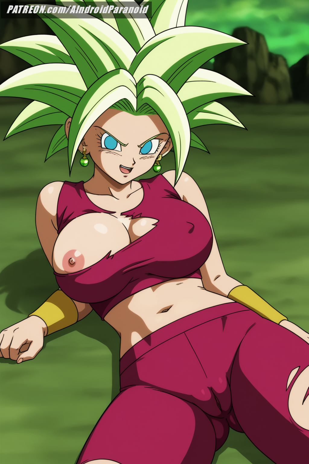 after_fight ai_generated aindroidparanoid big_breasts blue_eyes breasts breasts_out cameltoe cleavage defeated dragon_ball dragon_ball_super exhausted female female_only fight fit_female green_hair hips huge_breasts kefla kefla_(dragon_ball) large_breasts lying midriff narrow_waist navel nipples on_back outdoors partially_nude pussy ripped_clothing slim_waist space stable_diffusion super_saiyan topless torn_clothes torn_clothing warrior