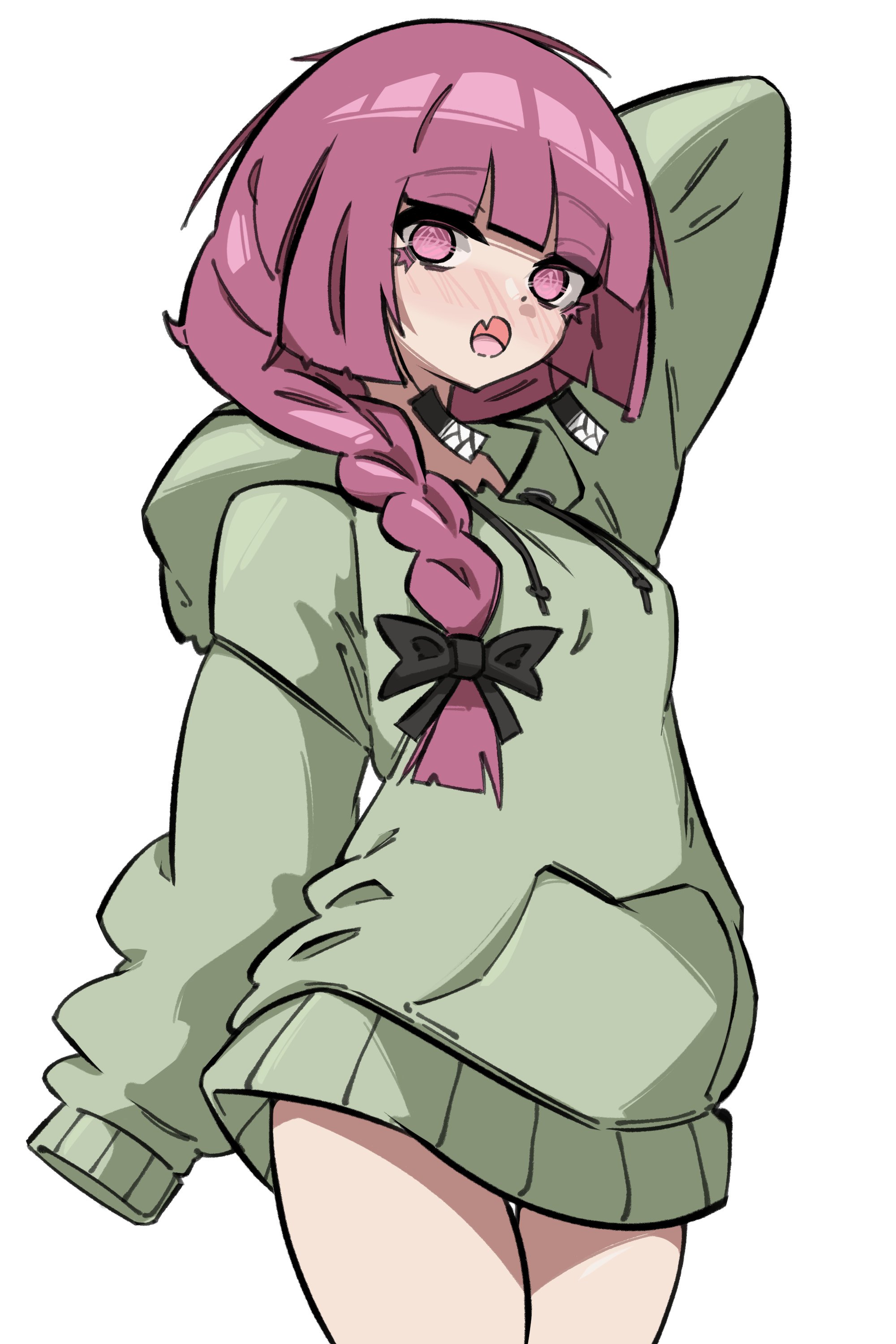 arm up, blush, bocchi the rock!, ghuler, ghuler art, hiroi kikuri, hoodie only, looking at viewer, oversized clothes, thick thighs, thighs