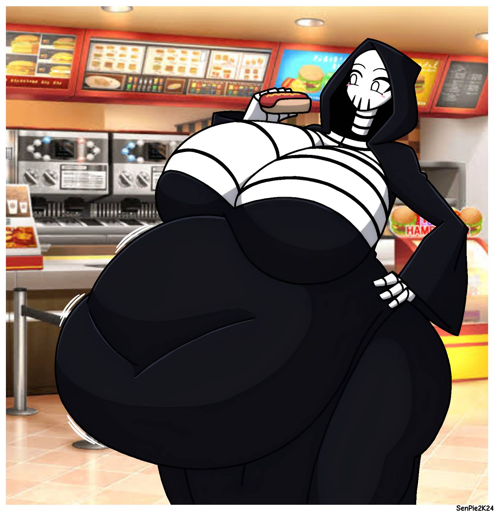 1girls ass breasts cleavage cloak domna_echelle_(dawnofnssd) fast_food female female_focus female_only hips hoodie hotdog large_ass large_breasts overweight overweight_female skeleton thick_thighs thighs weight_gain wide_hips zerosenpie