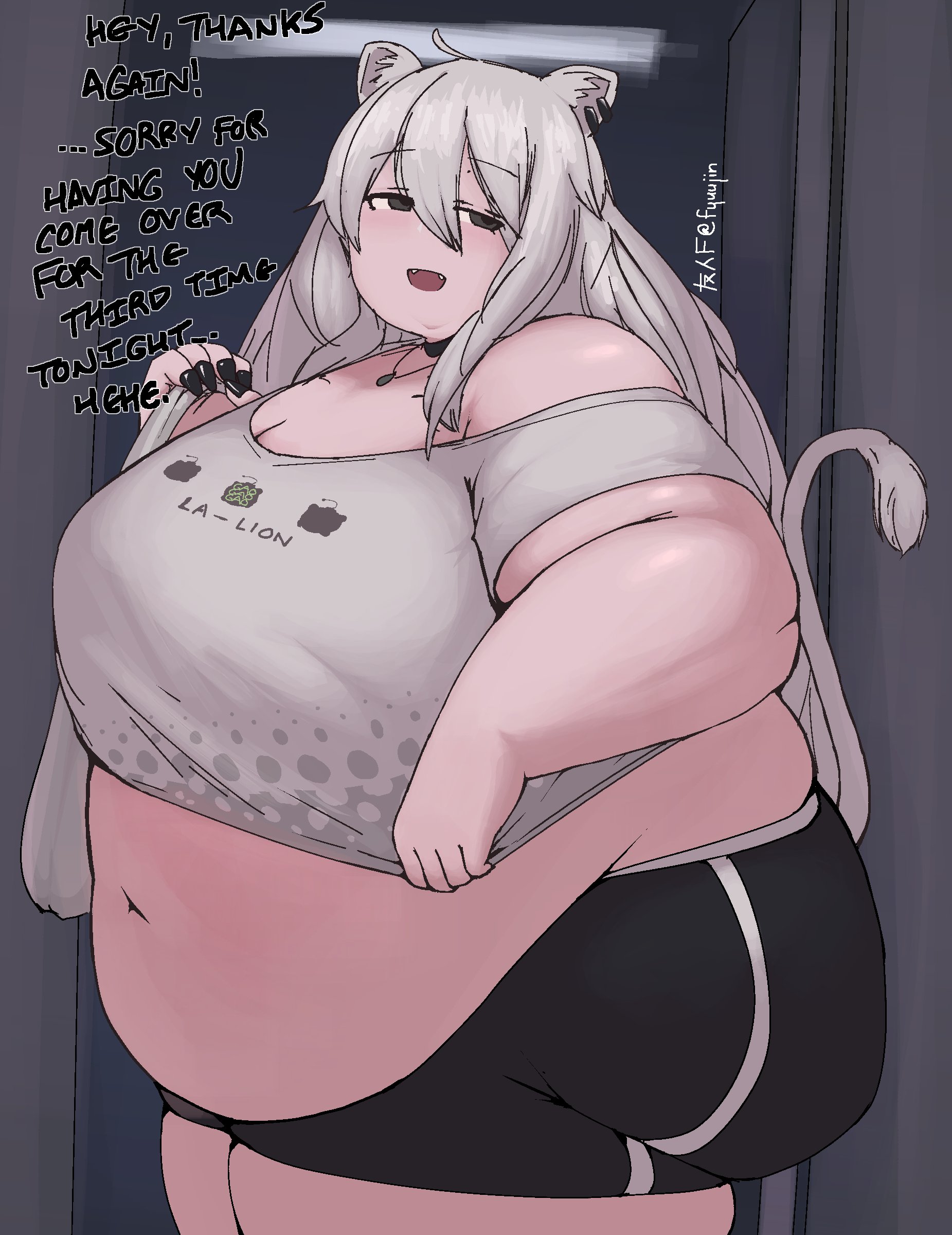 bbw, belly, belly overhang, big belly, dialogue, english text, fat, female, fyuujin, hololive, huge belly, indoors, inside, light skin, light-skinned female, long hair, looking at viewer, midriff, obese, obese female, overweight, overweight female, shishiro botan, solo, solo female, stuffed belly, talking to viewer, thick arms, thick thighs, virtual youtuber, weight gain