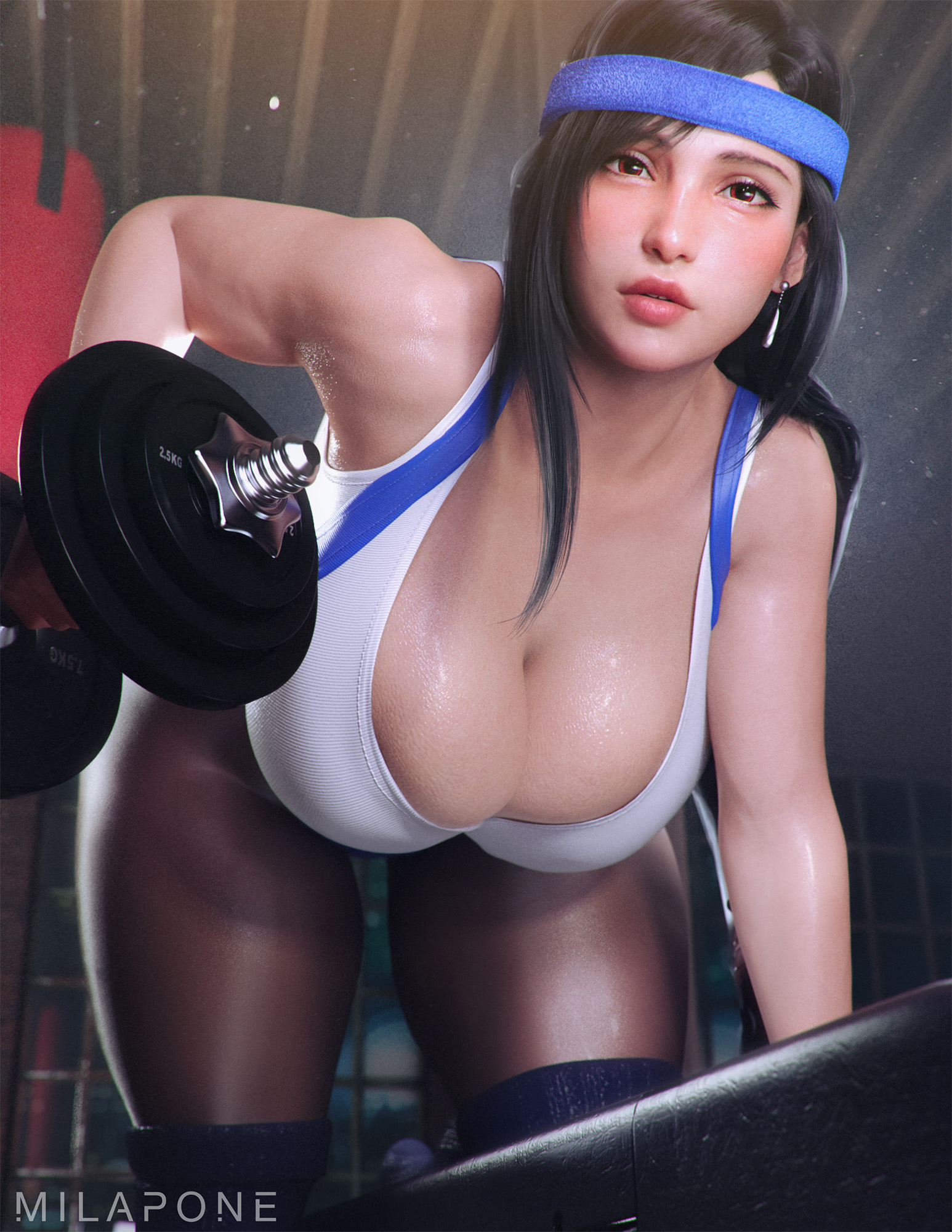1girls, 3d, artist name, big breasts, black hair, breasts, busty, cleavage, curvaceous, curvy, curvy figure, dumbbell, earring, exercise, female, female only, final fantasy, final fantasy vii, gym, headband, hourglass figure, huge breasts, large breasts, light skin, light-skinned female, milapone, red eyes, solo, square enix, thick thighs, tifa lockhart, voluptuous, voluptuous female, work in progress, workout
