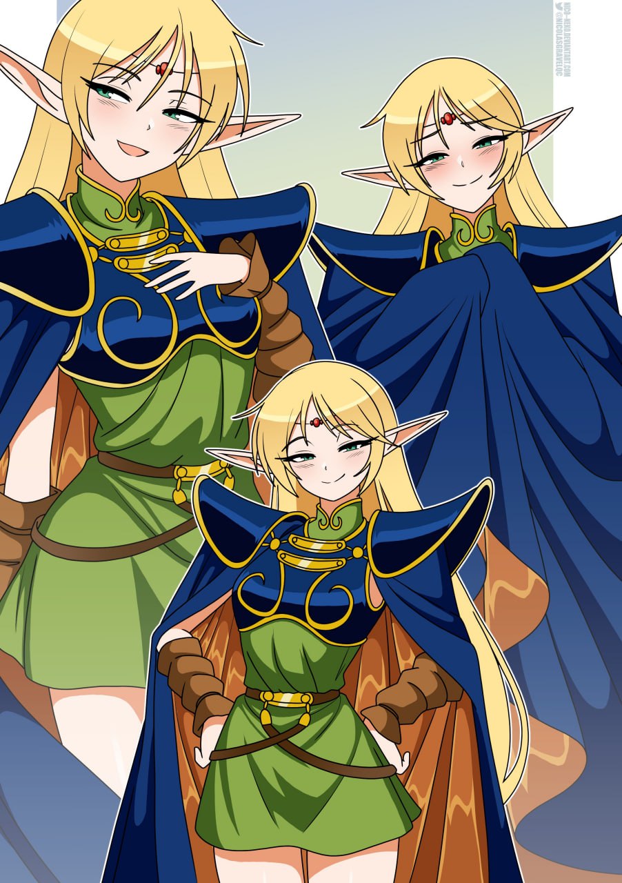 blonde_hair deedlit elf female green_eyes nicolasgravelqc record_of_lodoss_war smile smug smug_face tagme