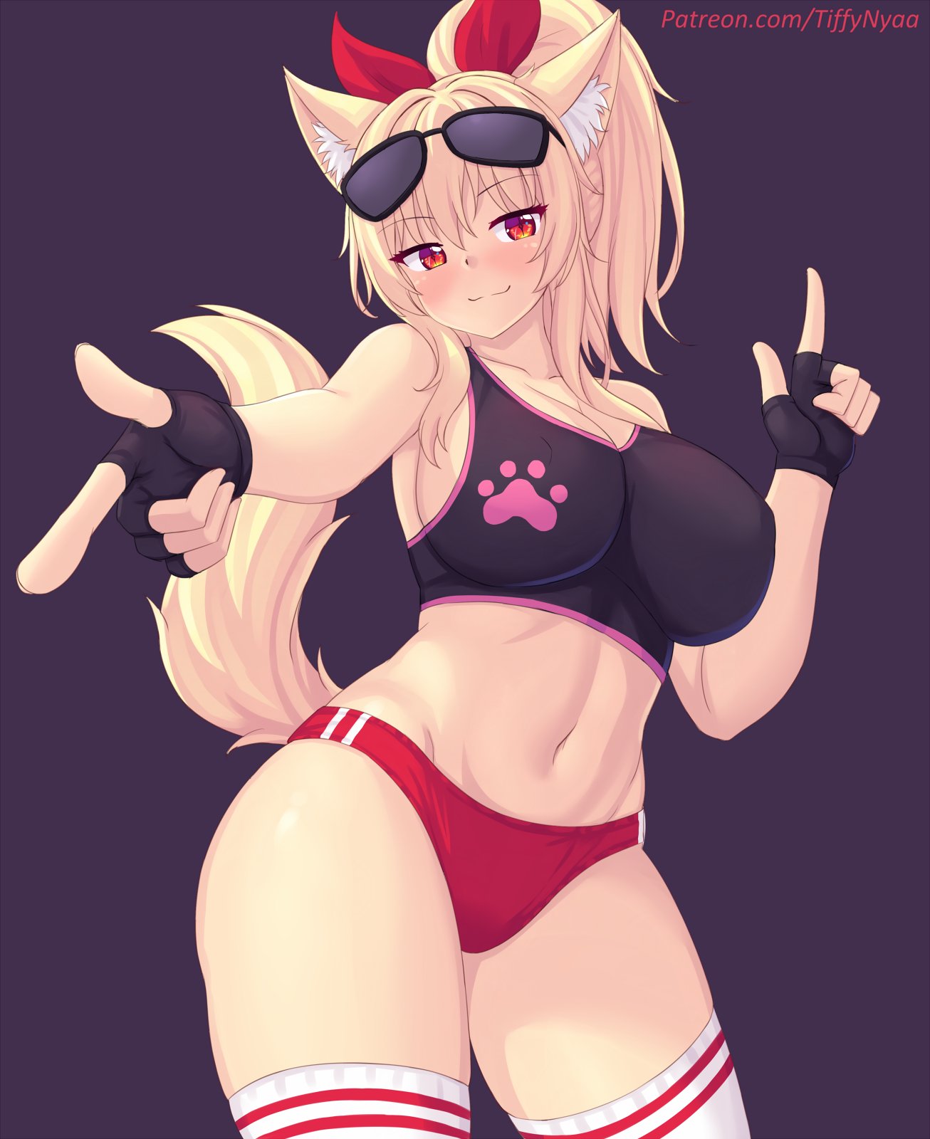 blonde_hair breasts buruma cat_ears catgirl fingerless_gloves nipples_visible_through_clothing ponytail sports_bra sunglasses sunglasses_on_head tagme tail thighhighs thighs tiffy tiffynyaa