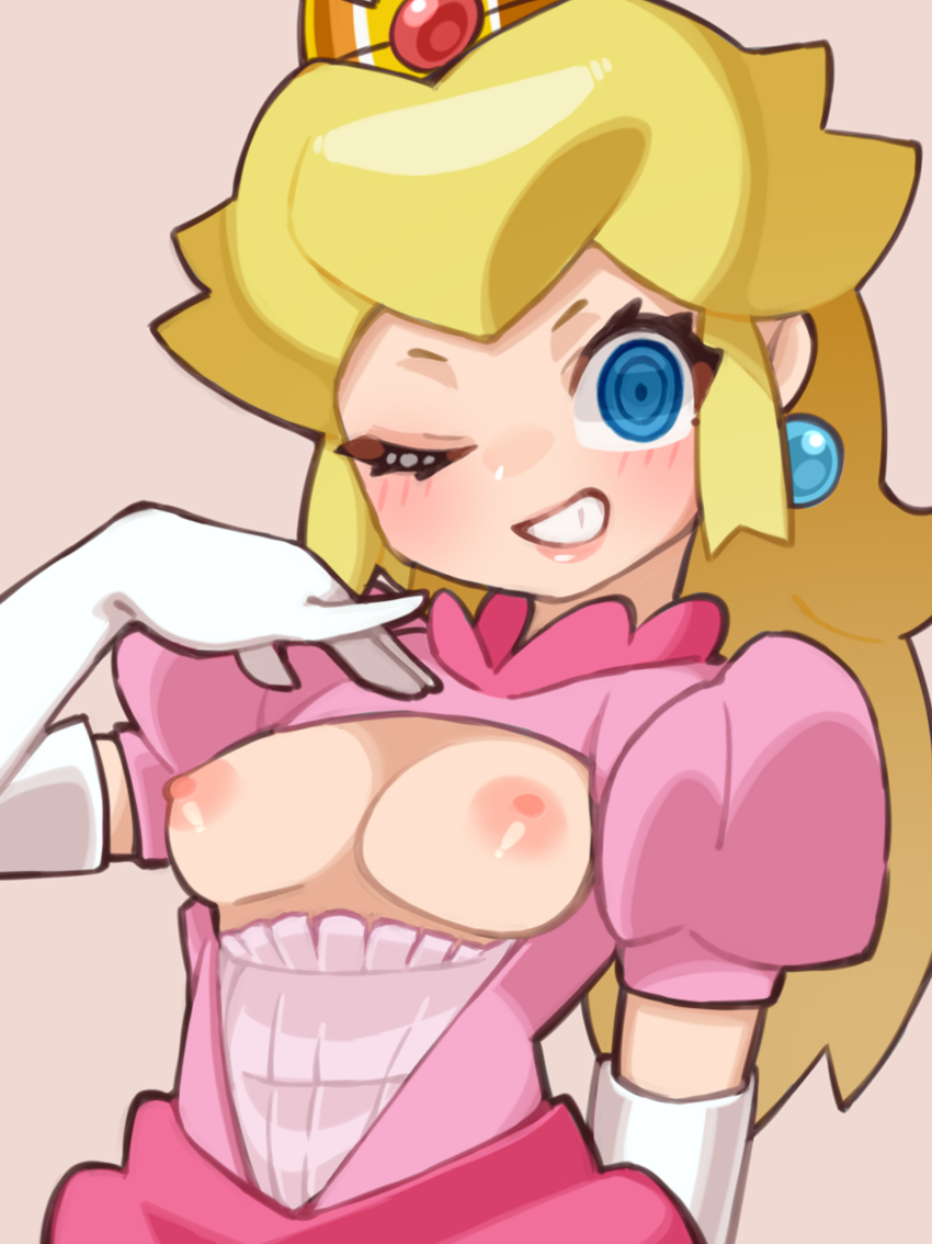 blonde_hair blue_eyes breasts breasts_out dress exposed_breasts mario_(series) nintendo princess_peach super_mario_bros. sweelan vhfd winking_at_viewer