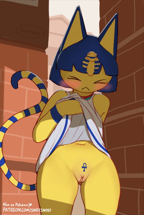 2024 :< animal_crossing ankha_(animal_crossing) anthro biped blue_hair blush closed_eyes clothing digital_media_(artwork) domestic_cat felid feline felis female front_view genitals hair mammal markings nintendo outside pussy short_hair sniffsnorf solo striped_markings striped_tail stripes tail tail_markings text uraeus url yellow_body