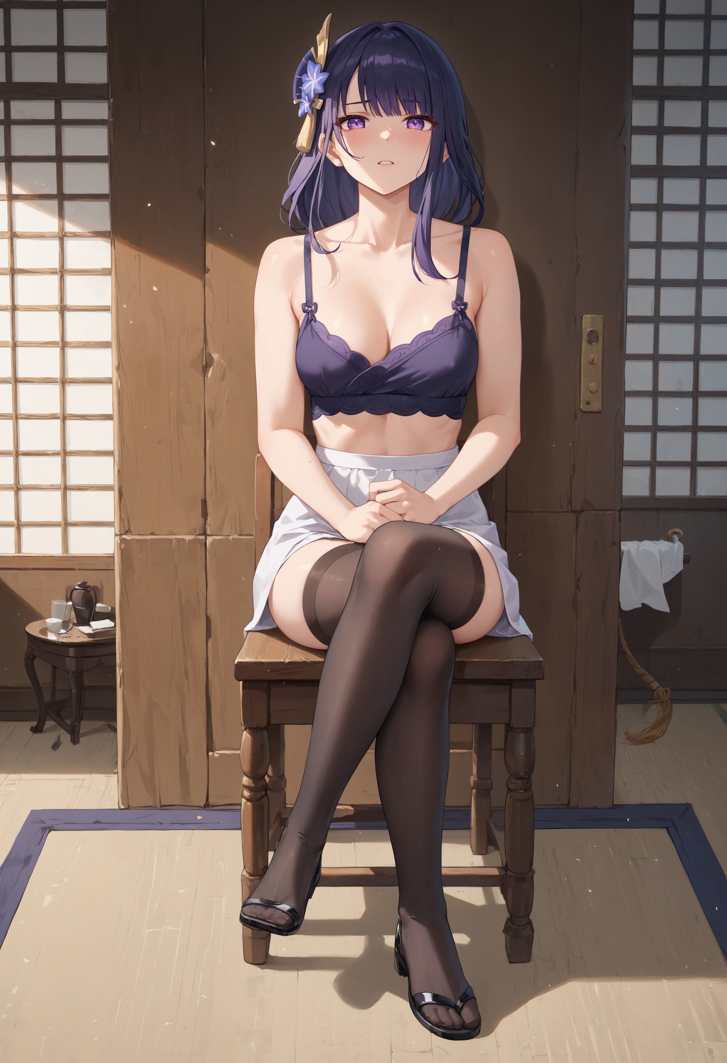 ai generated, crossed legs, female, genshin impact, purple hair, raiden shogun, sitting, stockings
