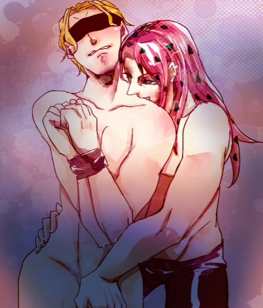 blindfold blonde_hair blush bosskira colored diavolo dominant dominant_male domination gay hand_on_hip hand_on_leg hands_tied jojo's_bizarre_adventure kiraboss male/male male_only no_visible_genitalia pink_hair sfw shy_expression smiling submissive submissive_male yaoi yoshikage_kira