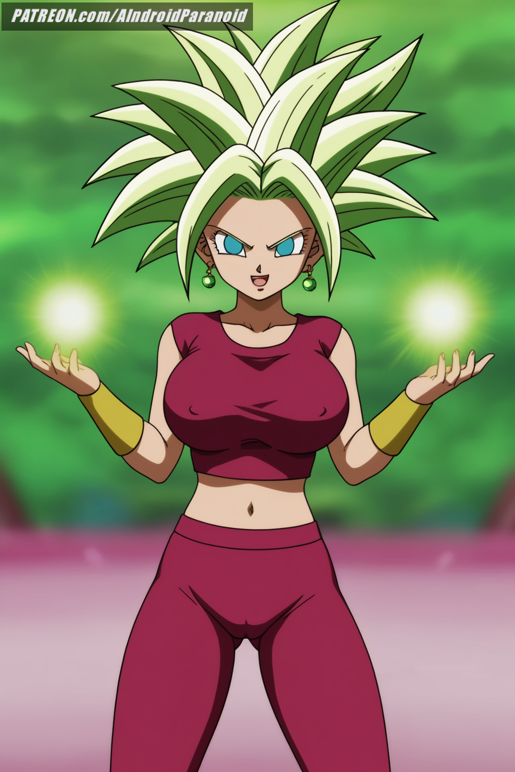 ai_generated aindroidparanoid big_breasts blue_eyes breasts cameltoe cleavage covered_nipples dragon_ball dragon_ball_super energy energy_ball female female_only fight fighting_pose fighting_stance fit_female green_hair hips huge_breasts kefla kefla_(dragon_ball) large_breasts midriff narrow_waist navel nipples outdoors pussy slim_waist space stable_diffusion super_saiyan thick_thighs warrior