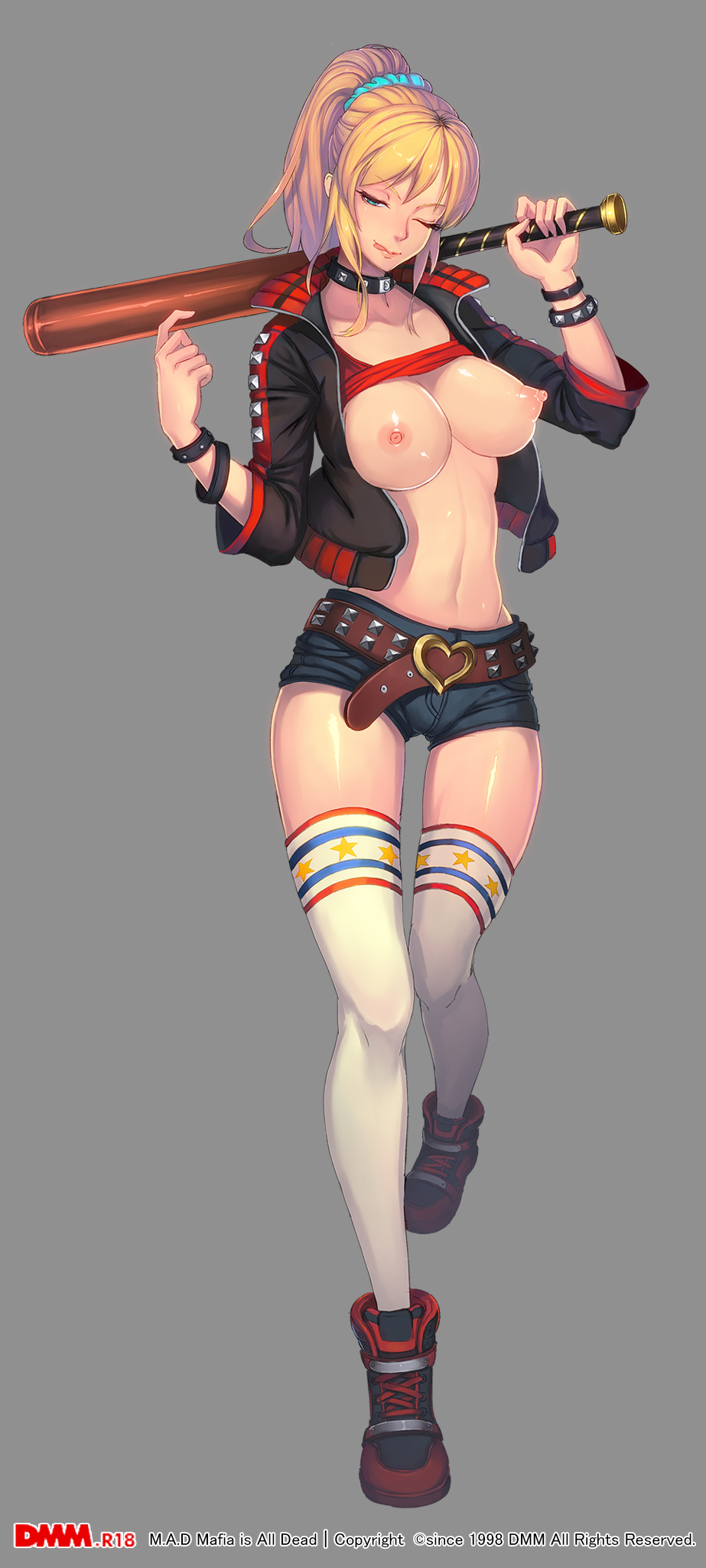artist request, baseball bat, belt, blonde hair, blue eyes, bracelet, breasts, character request, choker, female, full length, full-length portrait, jacket, large breasts, navel, nipples, ponytail, portrait, shirt lift, shorts, solo, standing, stockings, tied hair, tongue, wink