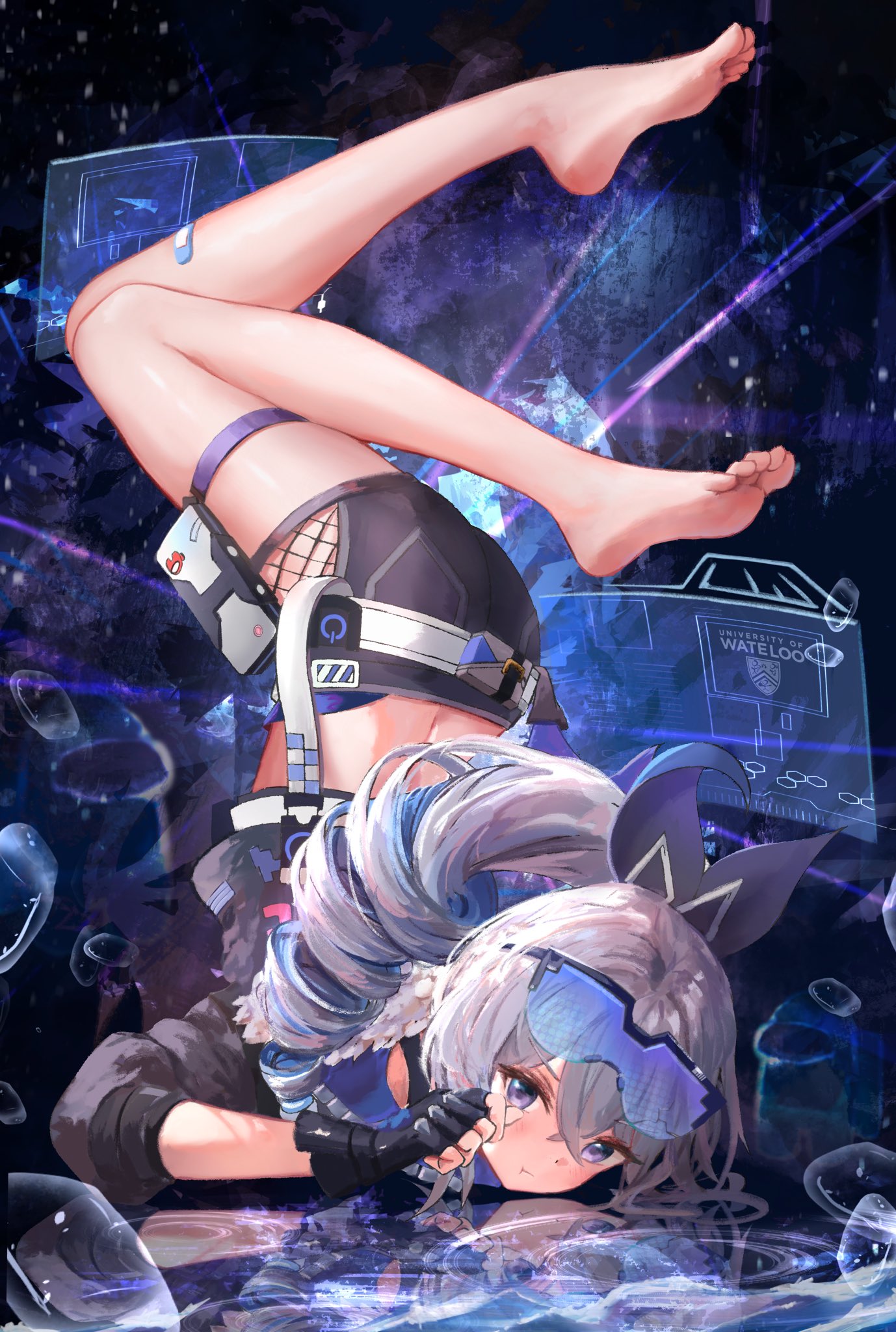 barefoot drill_hair expressionless feet feet_up female fingerless_gloves gloves grey_eyes grey_hair honkai:_star_rail honkai_(series) hoyoverse mihoyo ponytail silver_wolf_(honkai:_star_rail)