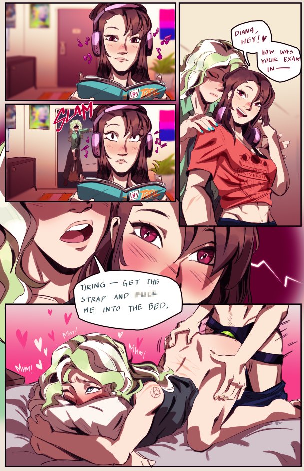 2girls, atsuko kagari, bisexual, bisexual pride colors, blue eyes, comic, diana cavendish, female, female only, firreworks, green hair, little witch academia, ponytail, practically nude, strap-on, strapon, studio trigger, yuri