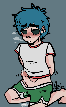 2d_(gorillaz) blush clothed gorillaz music_(culture) precum_drip submissive tied_hands