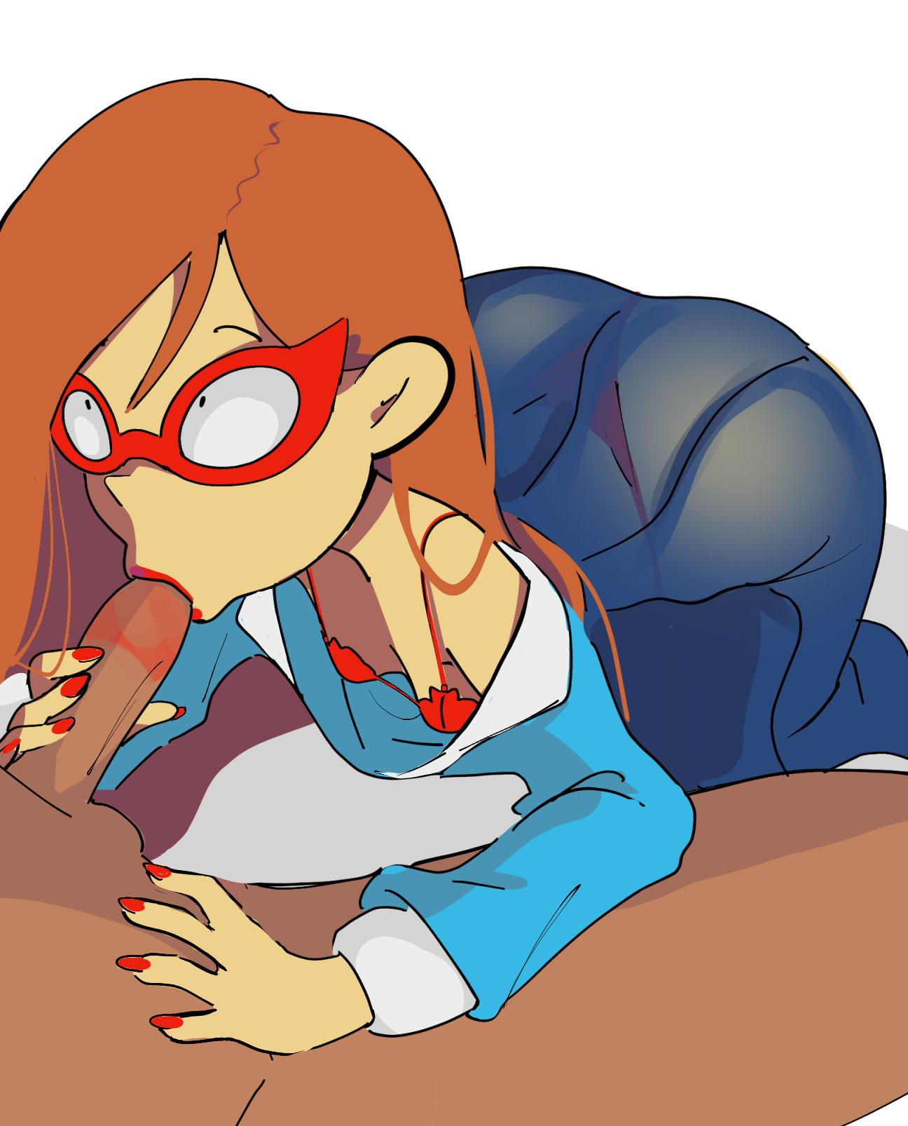 1girls, 2d, 2d (artwork), arched back, ass, bending over, big ass, big butt, blank background, blowjob, bra, breasts, clothed female, clothing, downblouse, eyewear, fellatio, female, fingernails, glasses, holding penis, kindergarten (game), kindergarten 3, leaning forward, lips, lipstick, lipstick on penis, lipstick ring, long hair, looking at partner, looking up, loose clothes, makeup, male, ms. lovelett, nude, nude male, on all fours, oral, orange hair, orange-haired female, panties, penis, penis in mouth, red bra, red lipstick, red nails, red panties, see-through clothing, small breasts, straight, teacher, thesquiddycipher, unseen male face, white background