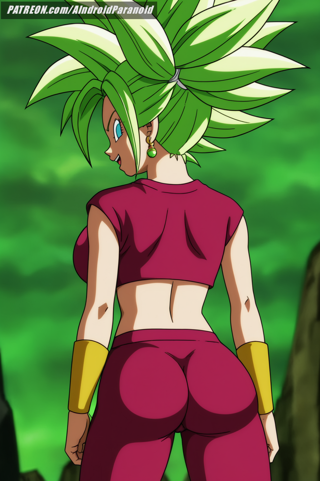 ai_generated aindroidparanoid ass ass ass_focus big_ass big_breasts blue_eyes breasts cameltoe cleavage dragon_ball dragon_ball_super fat_ass female female_only fight fit_female from_behind green_hair hips huge_breasts kefla kefla_(dragon_ball) large_breasts midriff narrow_waist navel outdoors pussy slim_waist space stable_diffusion super_saiyan thick_ass thick_thighs warrior