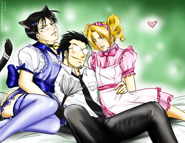 beard black_hair blonde_hair cleaning clothed edward_elric fullmetal_alchemist gay glasses human maes_hughes male male_only multiple_boys multiple_males roy_mustang simple_background yaoi