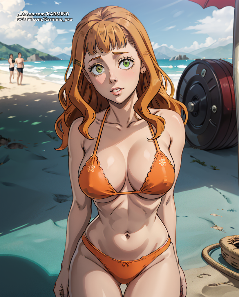 ai_art ai_generated anime_style beach big_breasts bikini black_clover female green_eyes karmino light-skinned_female light_skin mimosa_vermillion orange_bikini orange_hair outside