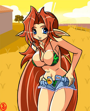 3_dev_adam bikini blue_eyes breasts cleavage clothing cremia long_hair lowres luigi64 majora's_mask malon nintendo ocarina_of_time pointy_ears straight_hair swimsuit the_legend_of_zelda