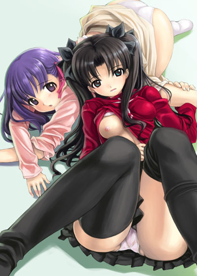 2girls ass black_eyes black_legwear black_thighhighs breasts fate/stay_night fate_(series) female female_only hair_ribbon long_hair matou_sakura mikazuki_akira miniskirt multiple_girls nipples open_clothes open_shirt panchira panchira_(sitting) panties pantyshot pantyshot_(sitting) pantyshot_sitting purple_hair ribbon shirt shirt_lift siblings sisters sitting skirt thighhighs tied_hair tohsaka_rin top-down_bottom-up turtleneck twintails type-moon underwear white_panties