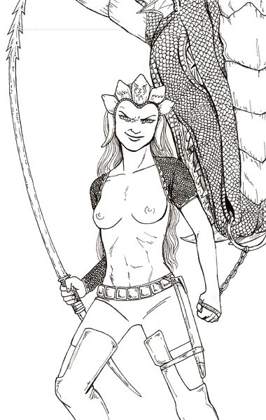 belt black_and_white colour_of_magic discworld dragon headwear k!sdra large_breasts leash long_hair monochrome nipples smile terry_pratchett traditional_media_(artwork) very_long_hair