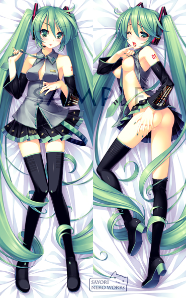 breasts dakimakura hatsune_miku no_panties nude open_shirt photoshop pillow_case sample sayori the_bed thighhighs vocaloid zettai_ryouiki