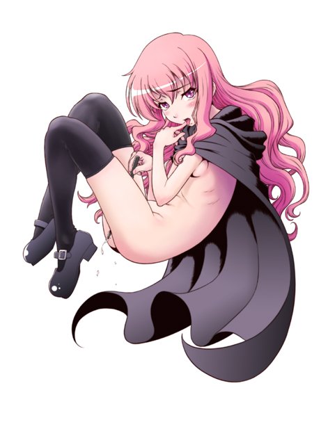 blush cape legs licking long_hair louise_francoise_le_blanc_de_la_valliere minazuki_tsuyuha naked_cape nude pink_eyes pink_hair small_breasts stockings thighhighs tongue wand zero_no_tsukaima