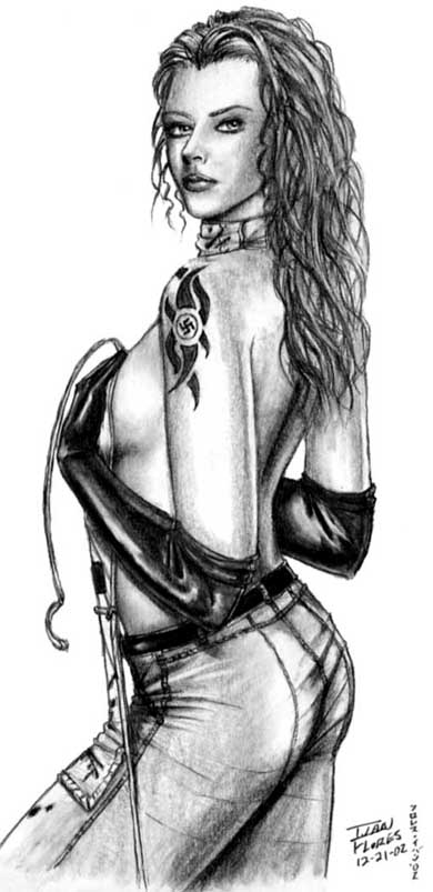 1girls 2002 black_and_white bloodrayne breasts covered_nipples covering_breasts dated female female_only gloves ivan_flores long_hair looking_at_viewer majesco monochrome open_eyes rayne signature solo straight_hair tagme uncensored