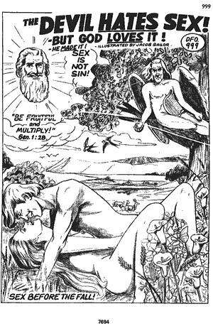 adam adam_and_eve bible black_and_white breasts christianity demon devil eve female fruit garden garden_of_eden god god_(christian) jacob_sailor_(artist) male outdoors public_domain religion straight straight_hair