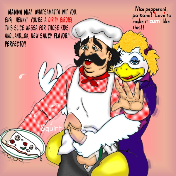 1boy 1boy1girl 1girls 2013 2d 2d_(artwork) 2d_artwork anthro anthro_on_human avian avian_humanoid bird bird_girl chef chef_hat chicken chicken_girl chuck_e_cheese_(franchise) clothing cum cum_on_food dialogue digital_drawing_(artwork) digital_media_(artwork) dominant_female female femdom food food_play galliform gallus_(genus) handjob helen_henny human male mascot pasqually_p_pieplate phasianid pizza surprised surprised_expression text white_feathers yellow_hair