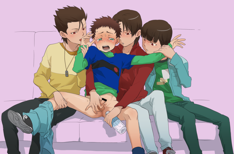 4boys age_difference anus_peek bottle brothers brown_eyes brown_hair censor_bar censored crying_with_eyes_open erection gay ginga_e_kickoff!! green_eyes handjob holding_arm holding_penis incest kota_furuya legs_held_open licking_hand male mouth_open necklace ouzou_furuya pants_around_one_leg pants_down pointless_censoring ryuuji_furuya shou_oota small_penis spiky_hair tears