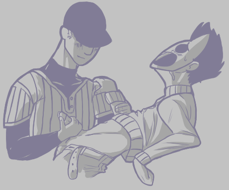 2boys baseball_uniform black_hair blush digital_media_(artwork) hand_on_shoulder handjob human jacking_off_another male male_only mask monochrome off_(game) penis shirt_lift short_hair the_batter unbuckled_belt zacharie