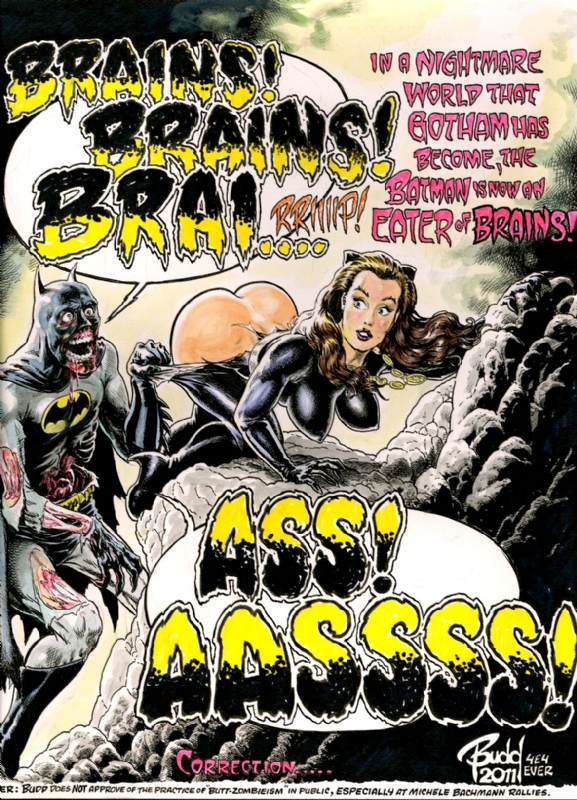 1boy 1girls 2011 ass batman batman_(series) brown_hair bruce_wayne budd_root catwoman dat_ass dc dc_comics dialogue humor julie_newmar looking_at_pussy parody selina_kyle speech_bubble text torn_clothes traditional_media_(artwork) zombie