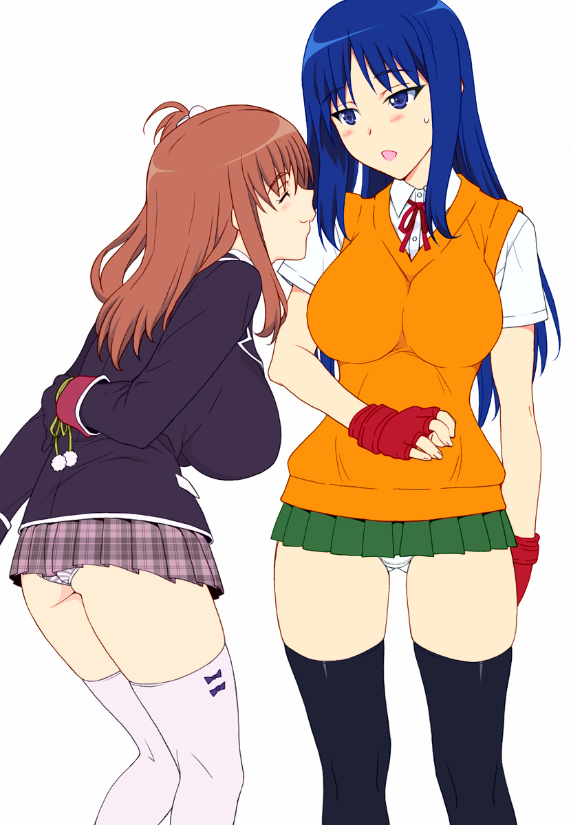 2girls blue_hair breasts clothing colorized dead_or_alive honoka_(doa) kurusugawa_ayaka large_breasts multiple_girls panties school_uniform shichimenchou skirt stockings thighhighs to_heart to_heart_(series)