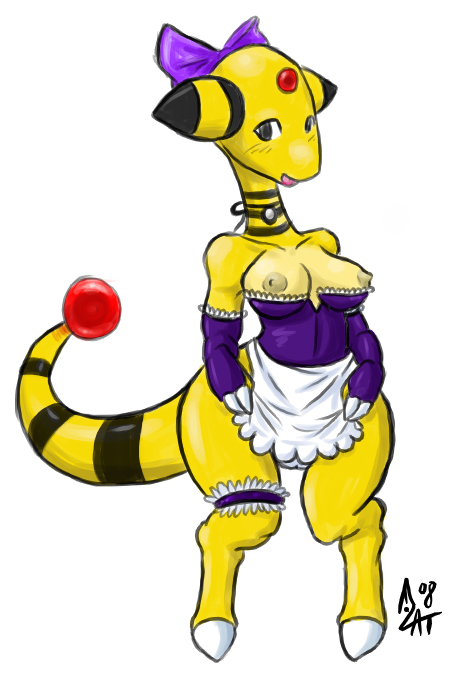 1girls 2008 ampharos anthro breasts cautioncat clothing color exposed_breasts female female_only front_view nintendo nipples pokemon pokemon_(species) skin solo source_request standing tail white_background yellow_skin