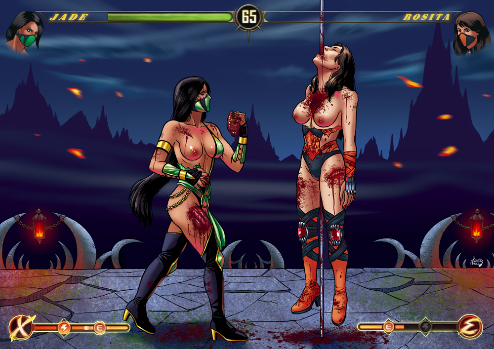 beige_skin black_hair bleeding blood blood_stain blood_trail breasts clothing color death defeated exposed_breasts fatality female female_death female_only geckup gore guro hair heart impalement injury jade_(mortal_kombat) laceration long_hair mortal_kombat multiple_females multiple_girls netherrealm_studios puncture rosita side_view skin torn_clothing wound