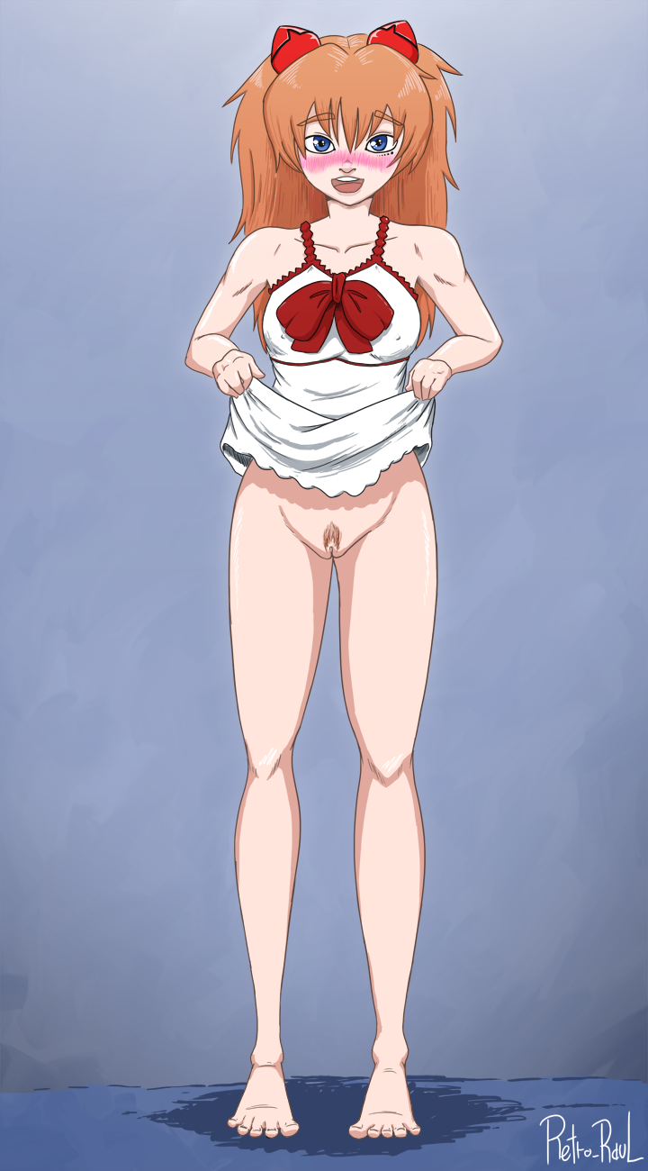 asuka_langley_sohryu blush clothing dress dress_lift erect_nipples erect_nipples_under_clothes female female_only human neon_genesis_evangelion no_panties pubic_hair retro_raul solo tagme