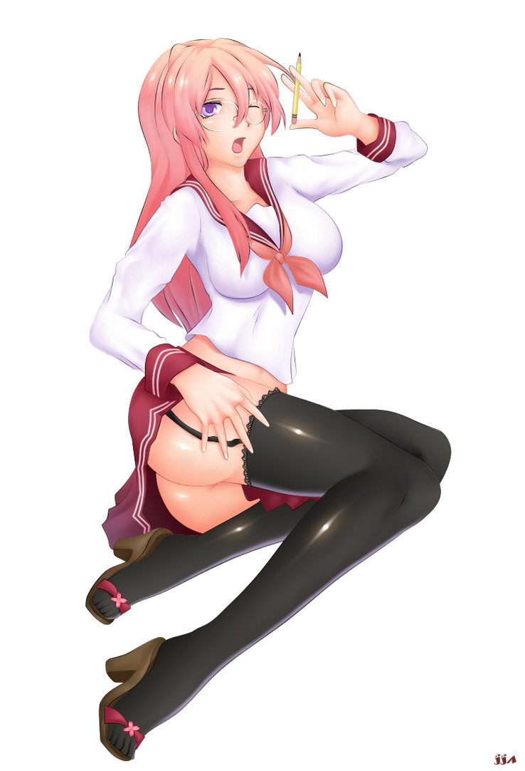 ass black_legwear breasts female female_only garter_straps human khalitzburg long_hair lucky_star miyuki_takara no_panties one_closed_eye open_mouth pencil pink_hair purple_eyes school_uniform skirt solo thighhighs white_background