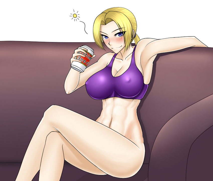 abs alcohol beer blonde_hair blue_eyes blush bottomless bra breasts can cleavage couch do_konjouuo erect_nipples female large_breasts legs long_hair namco nina_williams ponytail solo sports_bra tekken tekken_1 tekken_2 tekken_3 tekken_4 tekken_5_dark_resurrection tekken_blood_vengeance tekken_tag_tournament tekken_tag_tournament_2 tied_hair toned underwear underwear_only