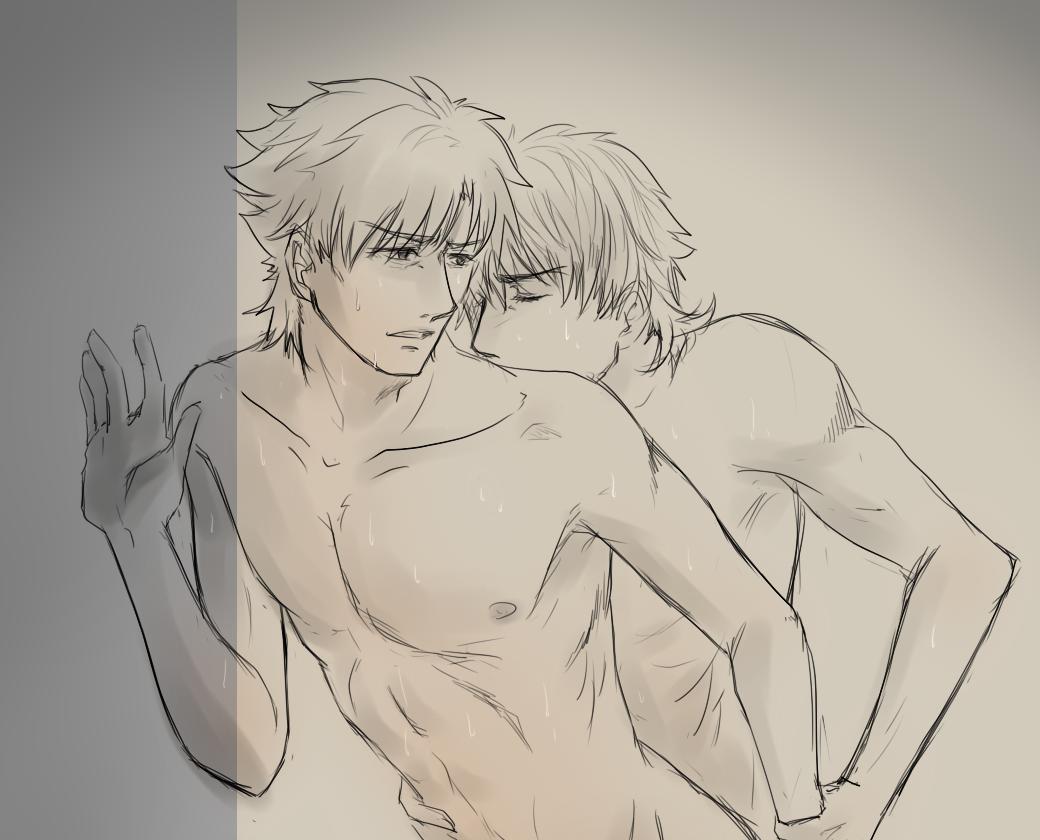 2boys abs anal anal_penetration anal_sex artist_request black_and_white closed_eyes duo fate/stay_night fate/zero fate_(series) gay hand_on_hip hand_up kirei_kotomine kiritsugu_emiya kiss looking_back male male_focus male_only naked nude open_mouth pencil_(artwork) penetration sex short_hair shoulder_kiss sketch sweat wrist_grab yaoi