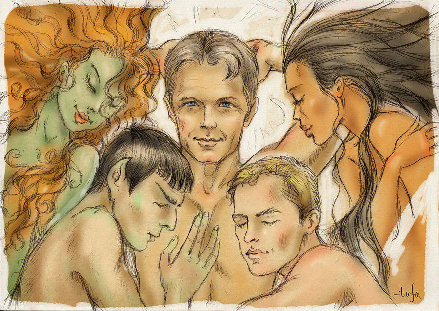 alien bisexual blonde_hair brown_hair christopher_pike cuddling dark-skinned_female dark_skin female gaila green_skin human humanoid interspecies james_t._kirk light_skin lying male naked nude nyota_uhura on_bed orion_(species) pointy_ears red_hair spock star_trek star_trek_(2009) tafa vulcan_(species)