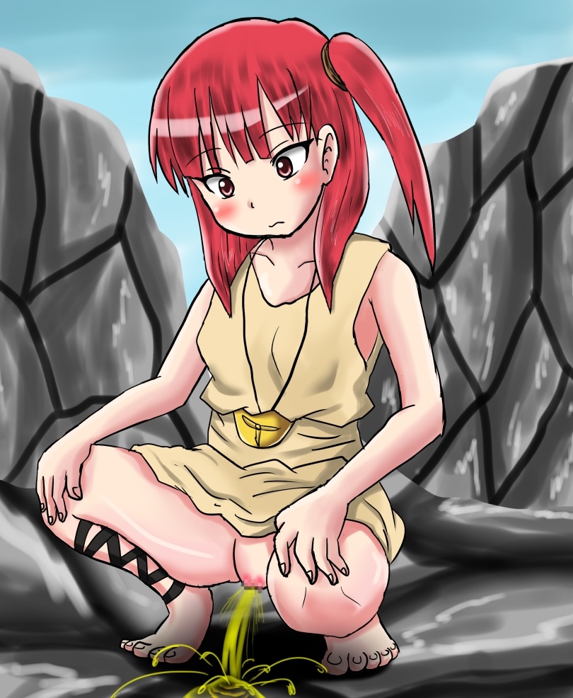 bangs barefoot blush blushing brown_hair dress dress_lift exposed exposed_pussy female female_focus female_only magi:_the_labyrinth_of_magic morgiana nature nature_background no_panties no_underwear nopan outdoor_pee outdoors outside pee_squat_outdoors peeing peeing_on_ground rock rocks sitting_pee solo solo_female solo_focus squat squatting tagme urinating urinating_female urination urine urine_pool urine_splatter urine_stream