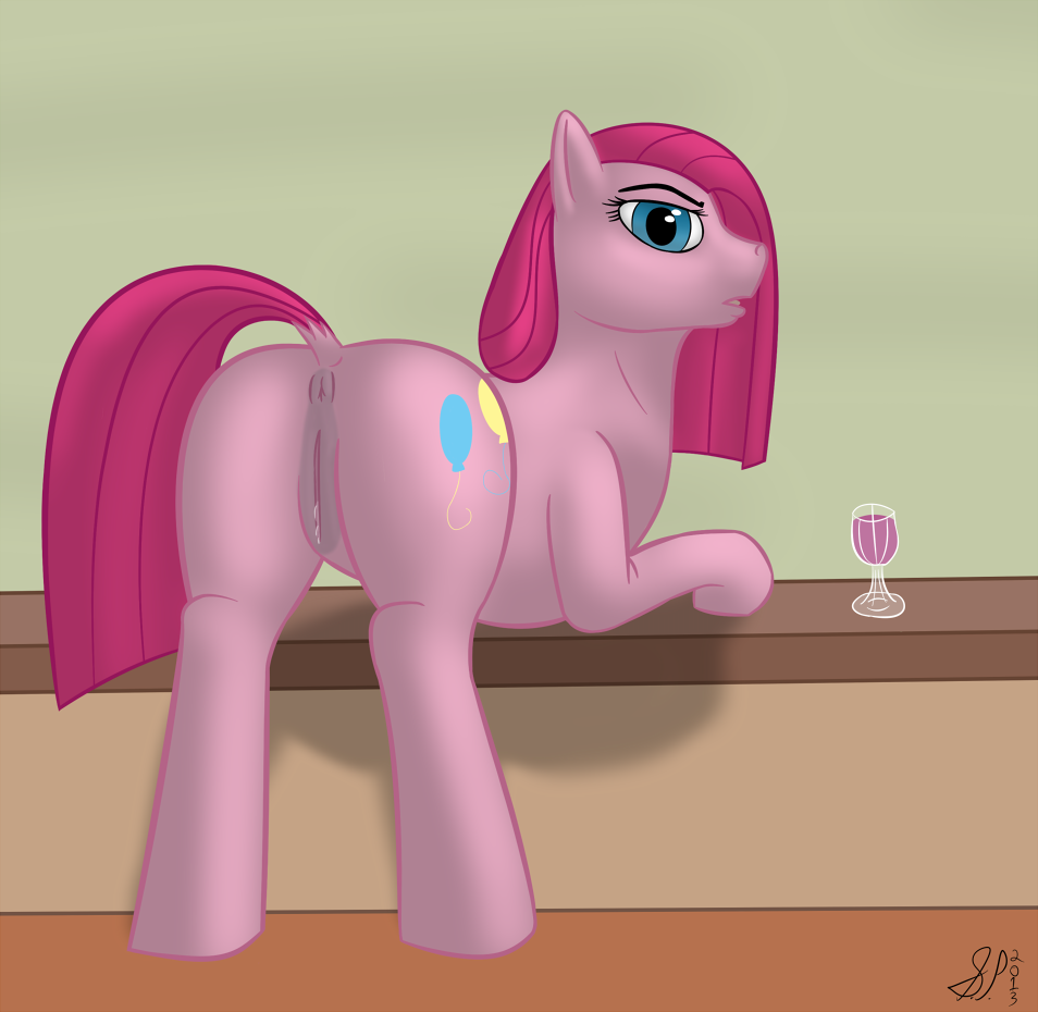 anus back_view blue_eyes clitoris cutie_mark earth_pony equine female female_only feral friendship_is_magic fur glass hair hooves horse long_hair looking_at_viewer looking_back mammal my_little_pony nude pink_fur pink_hair pinkamena_(mlp) pinkie_pie_(mlp) pony presenting punch_(drink) pussy pussy_juice raised_tail rear_view solo straight_hair tagme tail widjetarcs